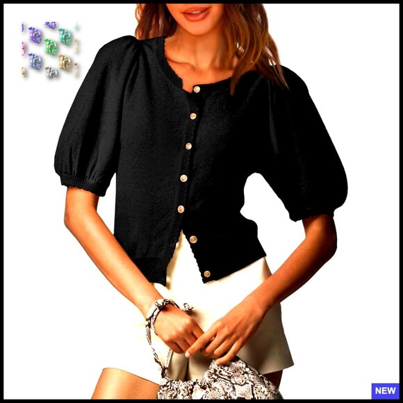 Puff Sleeve Knit Cardigan Lightweight Summer Button Down Crew Neck Tops